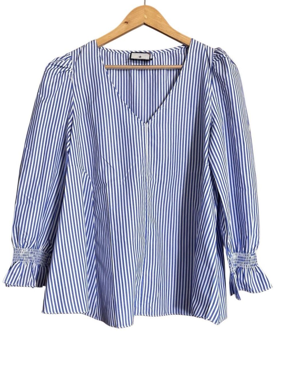 Tuckernuck Easton Blue Stripe Cotton V-Neck Blouse Top Women’s M Coastal Preppy